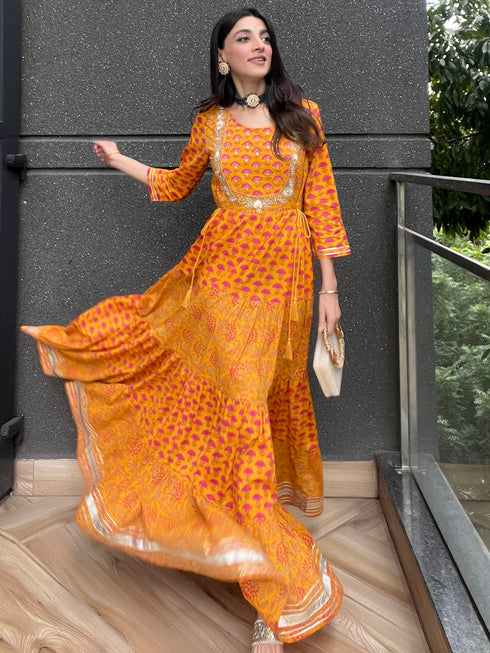 Mustard Cotton Floral Print Flared Kurta
